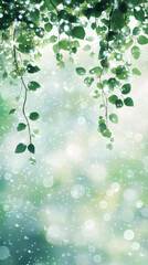 Aufkleber - Green leaves drifting downwards create a magical, dreamy atmosphere, enhanced by shimmering bokeh and sparkling light effects