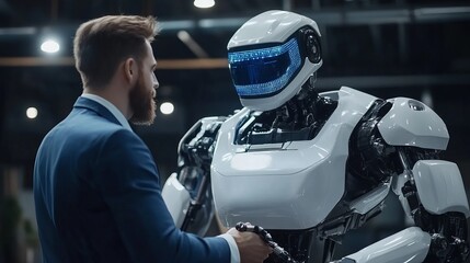 Poster - Businessman Shaking Hands with Advanced Futuristic Robot Artificial Intelligence Modern Technology Digital Innovation Future of Work White Robot Blue 
