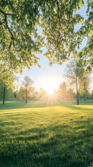 Poster - Beautiful sun shining over green grass field in a city park during spring, with trees and clear sky