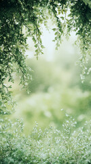 Poster - Green leaves on branches framing a blurred background of plants covered in rain drops in a fresh spring atmosphere