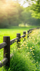 Poster - Yellow wildflowers growing beside weathered wooden fence, bright petals glowing against verdant meadow during golden sunset light