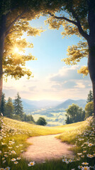 Poster - Path surrounded by daisies leads to a beautiful valley, with the sun shining through the trees