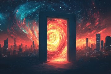 Poster - A portal opens to a galaxy above a futuristic cityscape at dusk