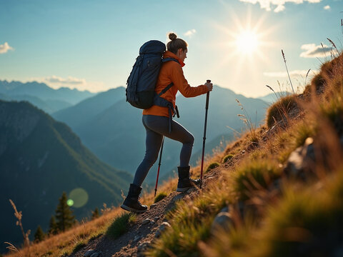 A woman is hiking up a mountain with a backpack and a pair of poles