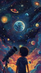 Wall Mural - a child looking at the cosmos through a large telescope lens