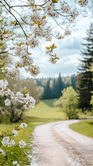 Poster - Gravel road meandering through verdant spring landscape, white wildflowers adorning foreground beneath soft sunlight