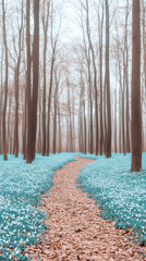 Poster - Mesmerizing path covered in dry leaves winds through a forest carpeted with vibrant bluebells on a misty morning, creating a scene of tranquil beauty