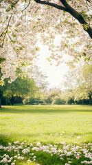Aufkleber - Soft cherry blossom petals carpeting lush grass beneath flowering branches in sunlit spring park landscape