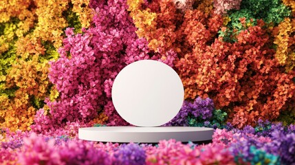 Poster - A white sphere surrounded by brightly colored flowers creating a vibrant and artistic arrangement in a studio setting