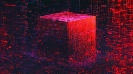 Poster - Abstract Red Digital Cube Futuristic Technology Background Modern Data Network Grid Lines Digital Art Cyberpunk Style Innovation Red Neon Glow High   