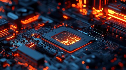 Poster - Abstract Technology Background Digital Circuit Board Glowing Orange Red Neon Lights Computer Hardware Modern Design Futuristic Technology Innovation  
