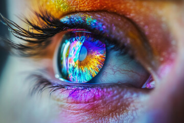 A close-up of a human eye reveals a stunning array of vibrant colors and intricate patterns created by generative AI, offering a mesmerizing visual experience