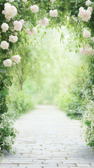 Poster - White flowers arching over a white brick path leading through a green park in a dreamy spring scene