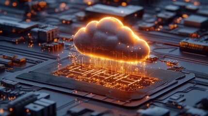 Poster - Digital illustration of a cloud integrated with circuit patterns representing technology and modern connectivity