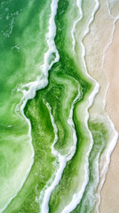 Poster - Green algae waves rolling onto sandy shoreline, forming organic abstract texture