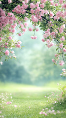 Poster - Beautiful pink flowers on branches forming a natural arch over a green meadow in spring, creating a dreamy and romantic atmosphere