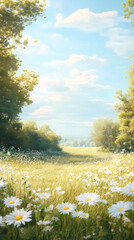 Poster - Vibrant white daisies blossoming across verdant meadow, sunlight illuminating delicate petals under clear summer sky
