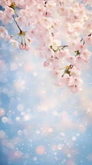 Poster - Delicate pink cherry blossoms flowering on branch against soft blue bokeh, signaling seasonal springtime beauty