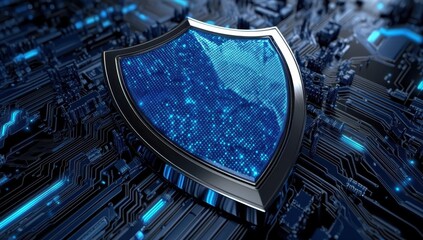 Aufkleber - Digital Shield Concept Representing Cybersecurity and Data Protection in a Futuristic Technology Environment with Circuit Board and Blue Colors