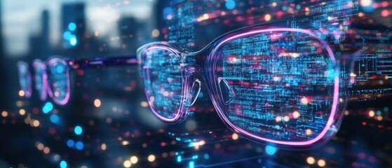 Poster - A stylish pair of glasses adorned with a digital pattern presenting a futuristic aesthetic in a modern scene