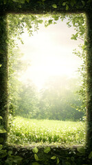 Poster - Moss and leaves creating a frame around a field of wildflowers and a misty forest in a sunny summer day