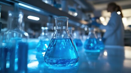 Poster - Laboratory scene with blue liquids, researcher in background