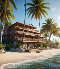 Wall Mural - Idyllic oceanfront wooden hotel with palm trees, serene, relaxation, coastal getaway, dreamy