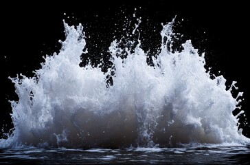 Poster - Dramatic Splash of White Water Creating Vibrant Spray Against Dark Background Reflecting the Power of Nature in Frozen Moment