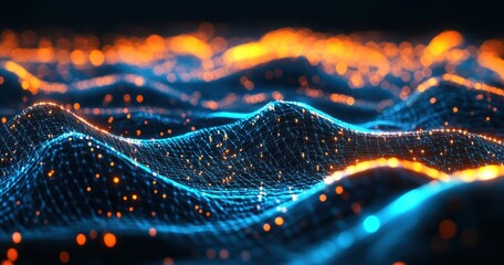 Poster - Dynamic Abstract Landscape of Colorful Waves Generated by Digital Particles and Light in a Stunning Visual Environment