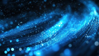 Poster - Dynamic Blue Wave of Light Particles Sparkling in Dark Background for Computer Graphics and Abstract Art Designs