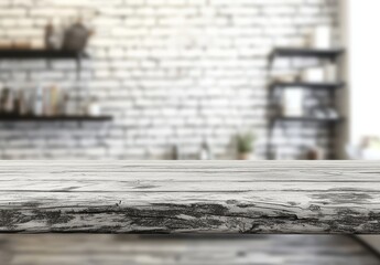 Poster - Elegant rustic wooden tabletop against a blurred backdrop of a modern kitchen with brick walls and open shelving for interior design inspiration