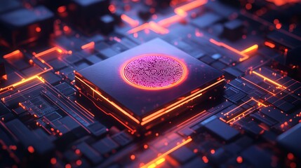 Poster - Abstract Fingerprint Biometric Security Technology Digital Art Futuristic Neon Glowing Circuit Board Background Illustration Design Modern Graphic    