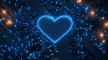 Poster - Digital Heart Abstract Technology Background Blue Glowing Circuit Board Modern Design Futuristic Network Valentines Day Love Concept Digital Art      