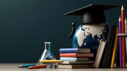 Poster - A bookcase with a globe and a black cap on top