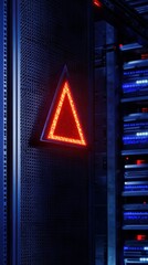 Poster - Illuminated warning triangle in a modern server room