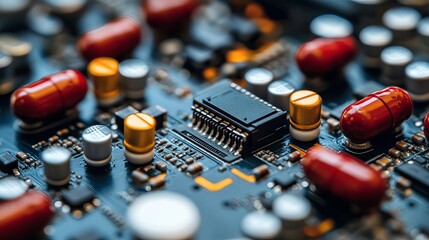 Poster - closeup detailed electronic circuit board technology image high resolution modern microchip componen