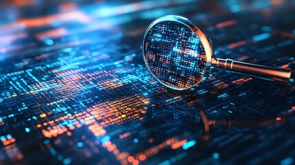 Poster - Magnifying glass on digital circuit pattern with blue and orange glowing data streams. Technology concept showing binary code analysis and cybersecurity focus.