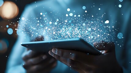 Poster - Magical sparkles and glowing particles emerging from digital tablet held in hands against blue background, representing digital transformation and innovation.