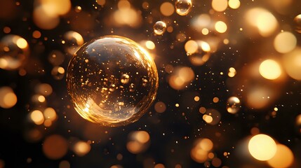Poster - Magical soap bubble floating in dark space surrounded by golden bokeh lights and glowing particles creates dreamy atmospheric effect.