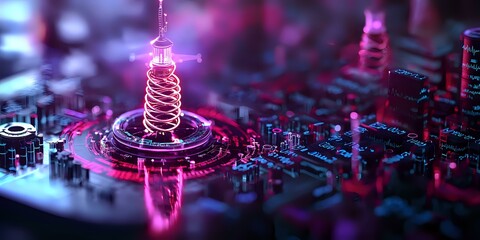 Poster - Glowing spiral coil on futuristic circuit board with neon pink and blue lighting effects, macro photography showcasing electronic components in cyberpunk style.