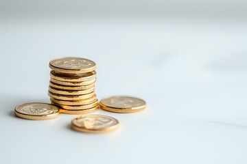 Poster - Stack of golden coins on white background, symbolizing wealth, savings and financial success. Clean minimalist composition for business and finance concepts.