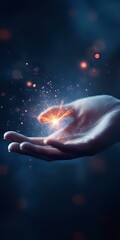 Poster - Magical glowing light floating above open palm against dark background with sparkles and bokeh effects, creating mystical atmosphere for spiritual concepts.