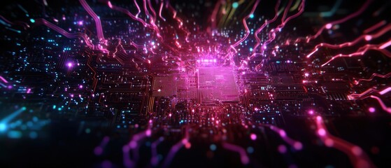 Poster - Computer circuit with neon lights creating a futuristic and captivating visual display in electronic design