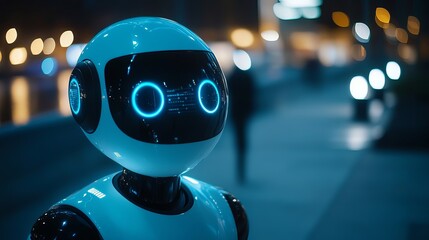Poster - Futuristic Robot Night Cityscape Scene Advanced Technology Artificial Intelligence Blue Lights Digital Art Modern Robot Design Innovative Technology  