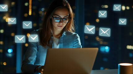 Leinwandbilder - A woman is sitting at a desk with a laptop open in front of her