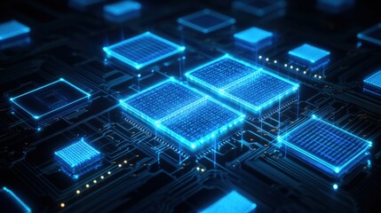 Poster - Computer circuit with striking blue lights highlighting intricate designs and modern technology aesthetics
