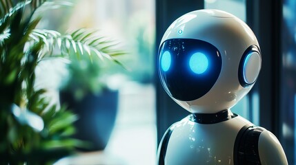 Poster - Friendly Futuristic Robot Artificial Intelligence Modern Technology Digital Design Blue Lights White Plastic Body AI Innovation Smart Machine Future  