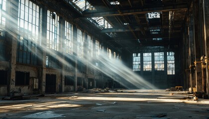 Poster - A large, empty building with sunlight shining through the windows