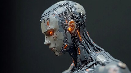 Poster - Cybernetic Humanoid Robot Head Digital Art Futuristic Android AI Artificial Intelligence Mechanical Grey Orange Lights Advanced Technology Realistic  