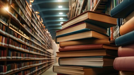 Poster - A library with many books stacked on top of each other